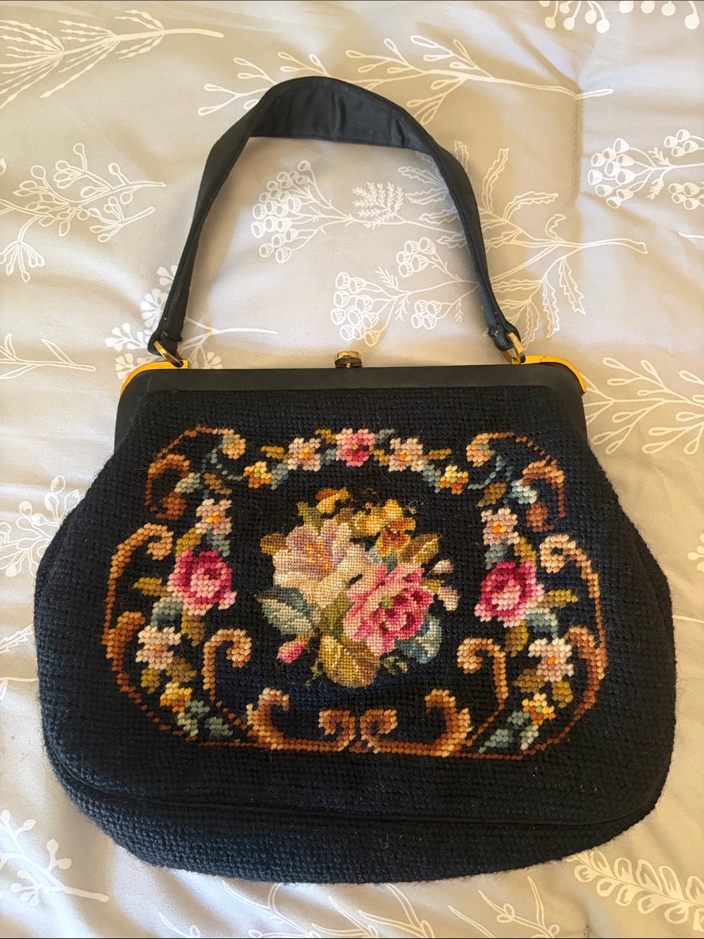 Vintage Black Needlepoint Mini Bag with Pink and Cream Floral Embroidery